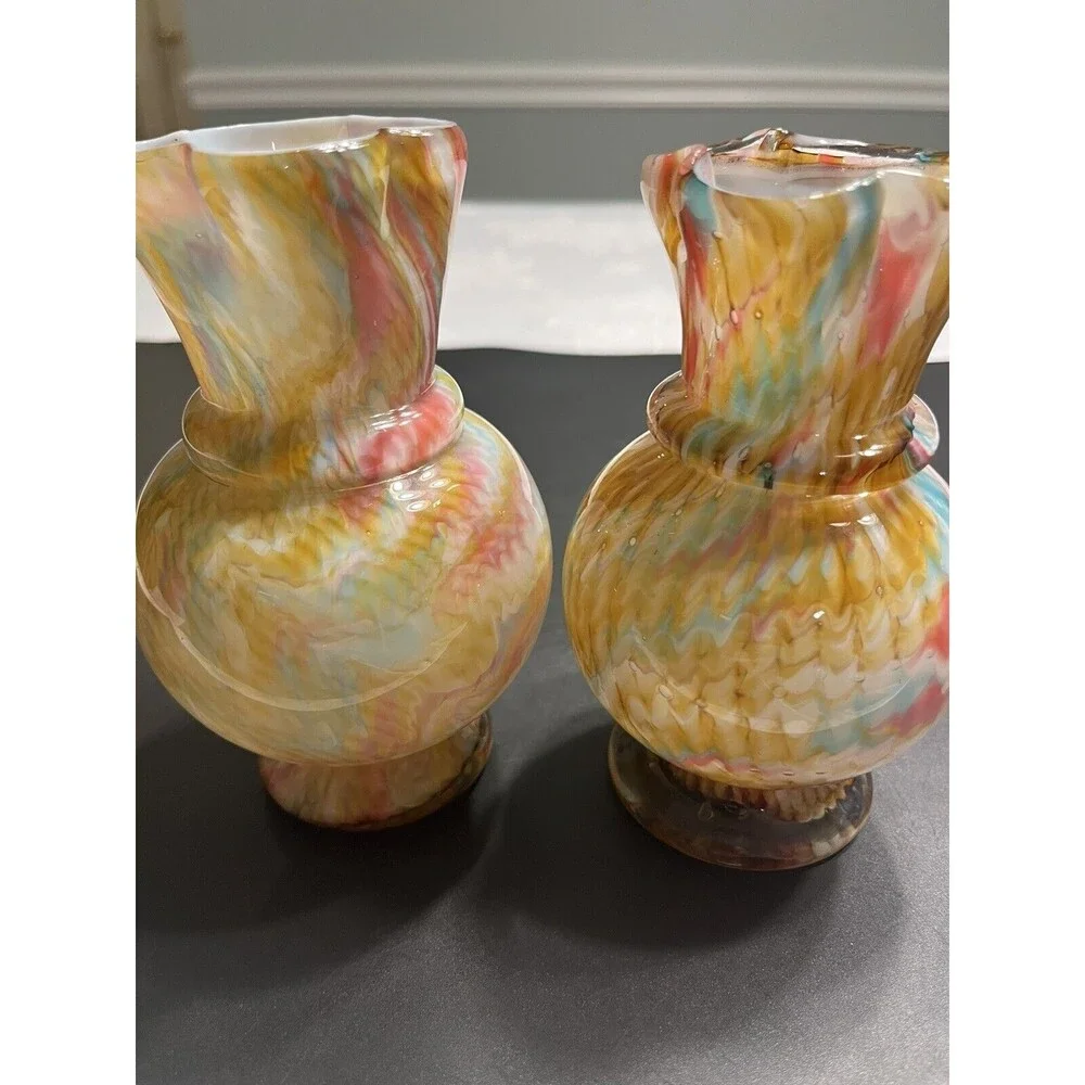 Pair of Vtg 1930’s Franz Welz Czech Art Glass Vases Swirl Splatter Bohemian
